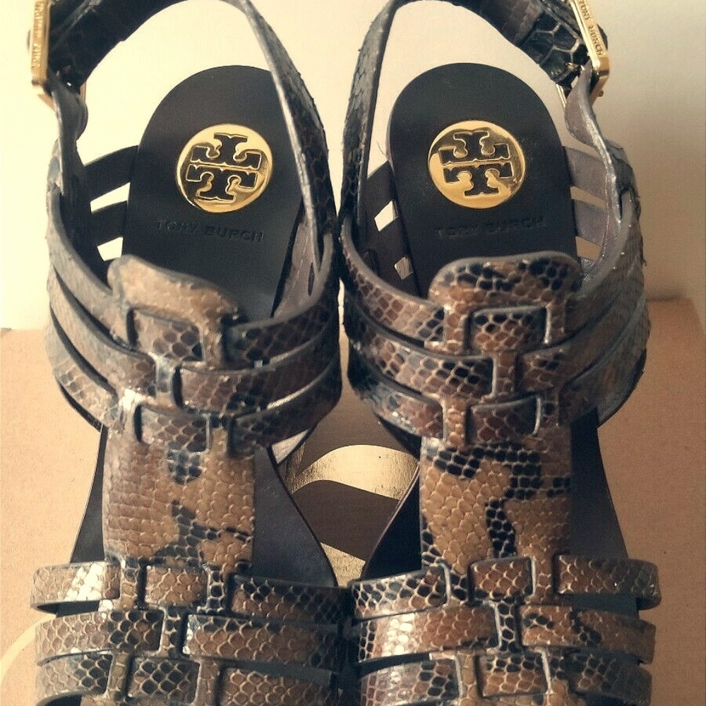 Tory Burch Brown Snake-Print Strappy Wedge Sandals with Gold Medallion